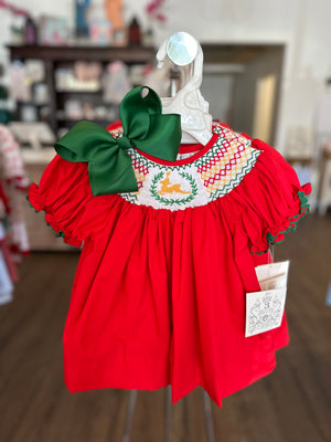 Red Reindeer Smocked Dress