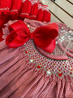 Red/Wh Gingham Smocked Bishop